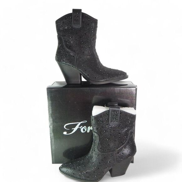 Forever River Rhinestone Embellished Pointed Toe Ankle Boots Black Women's 6 - Picture 1 of 9
